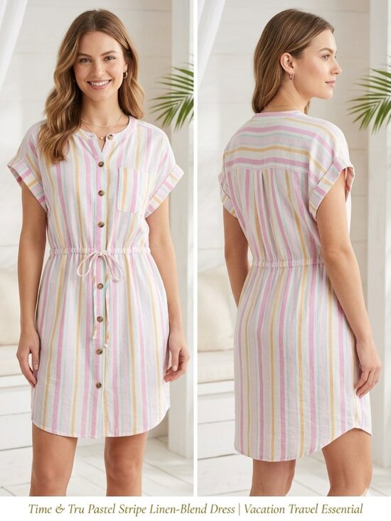 Time and Tru Dresses & Skirts - Time & Tru Pastel Stripe Tie Waist Linen Blend Vacation Travel Dress - Size XL